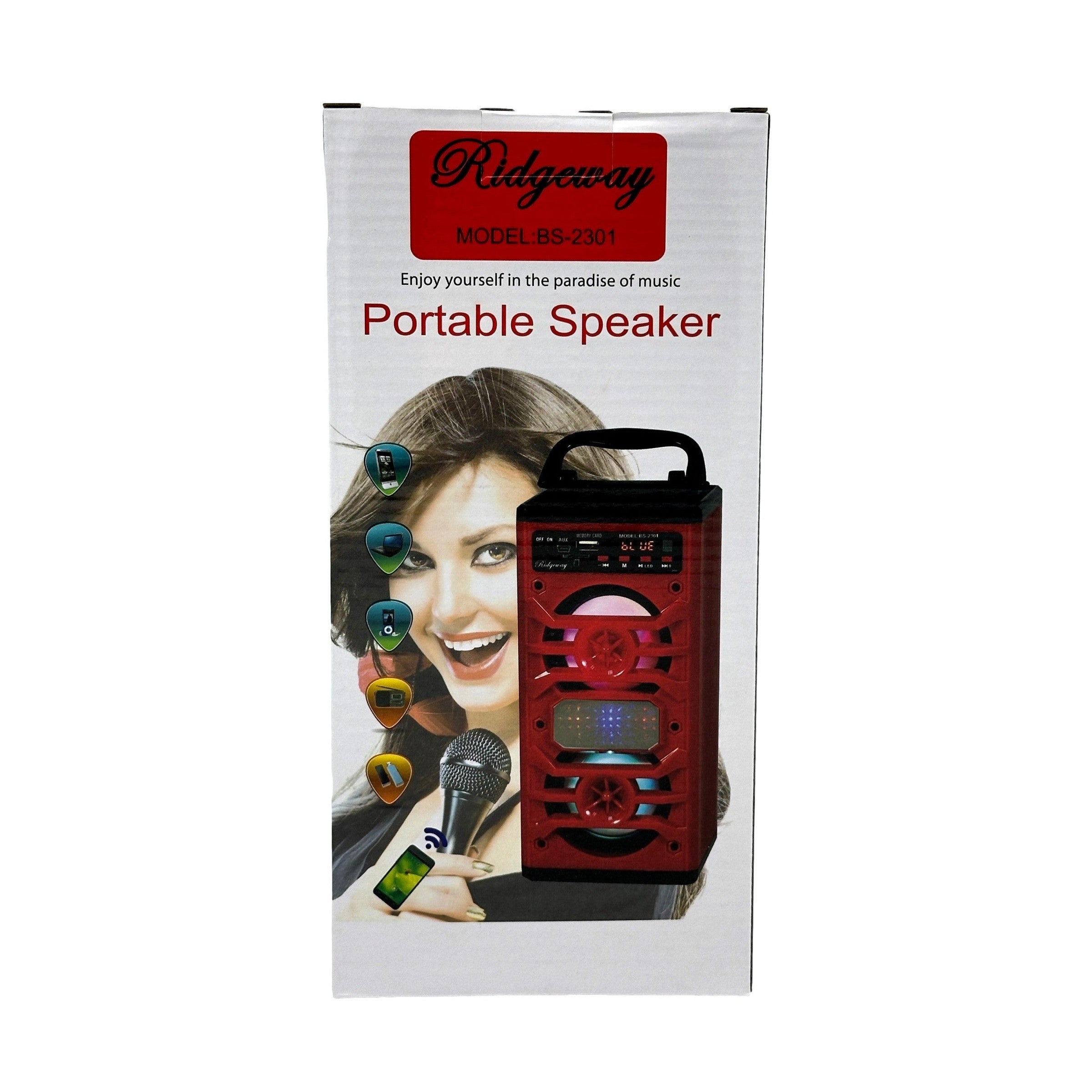 A box for a "Ridgeway" portable speaker featuring a woman holding a microphone.